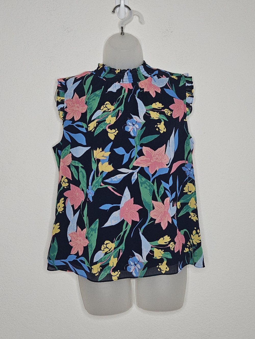 J.Crew Floral Sleeveless Blouse Ruffle Mockneck Navy Multicolor Top Size 6